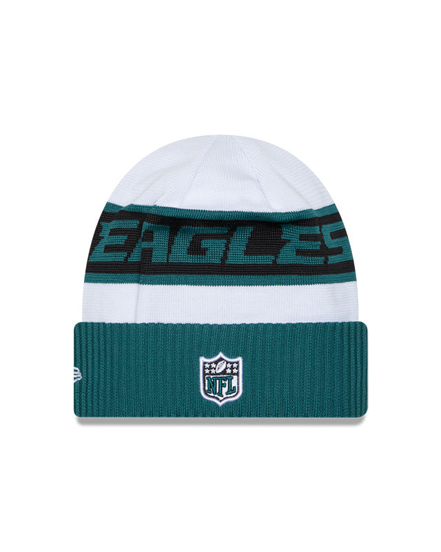 Philadelphia Eagles New Era 2023 Sideline Tech Cuffed Knit Hat - White/Green - Pro League Sports Collectibles Inc.