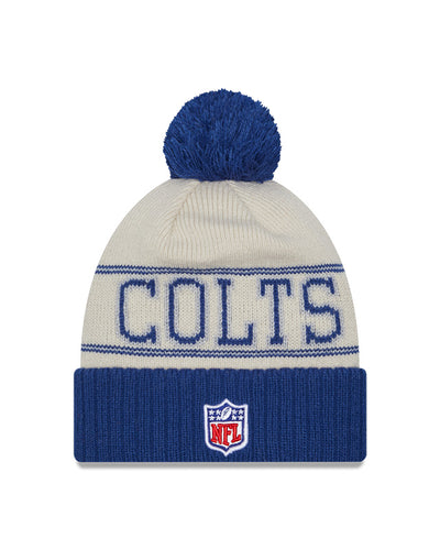 Indianapolis Colts New Era 2023 Sideline Historic Pom Cuffed Knit Hat - Cream/Royal - Pro League Sports Collectibles Inc.
