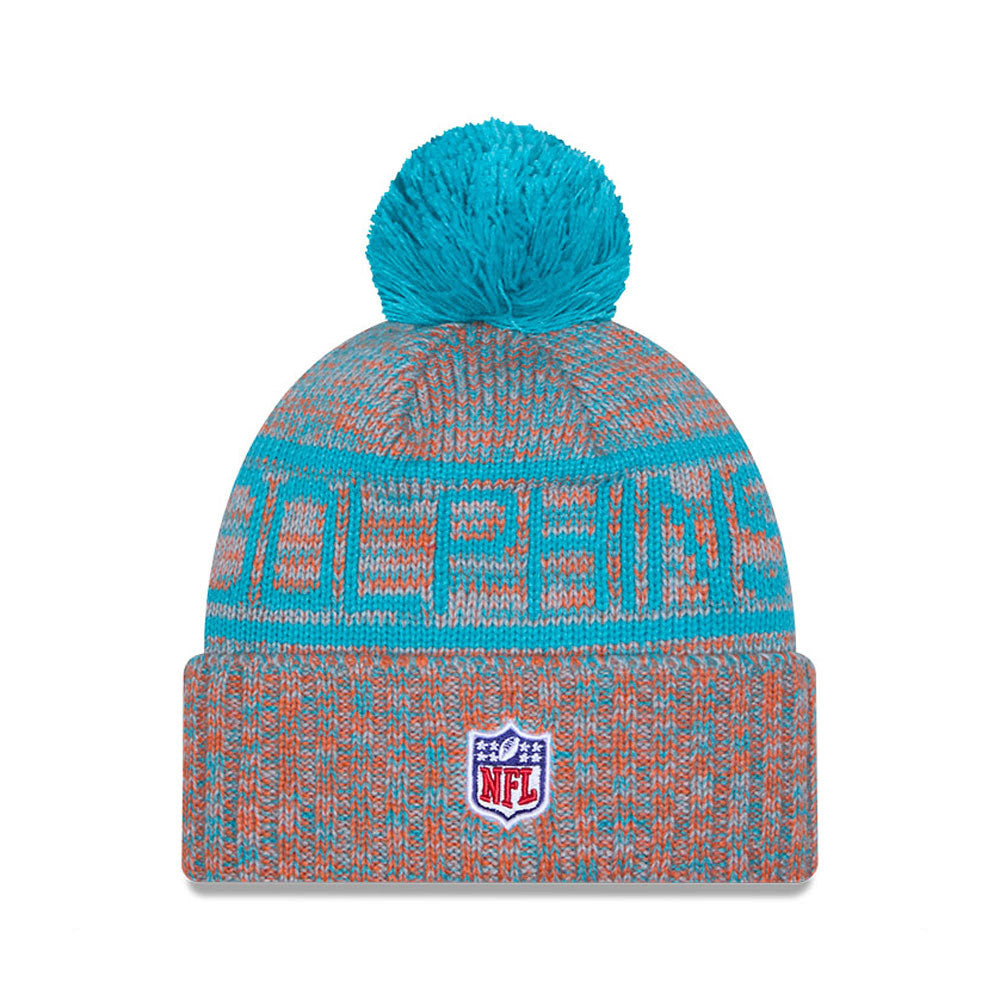 Miami Dolphins New Era 2025 Sideline Cold Weather Cuffed Knit Hat with Pom