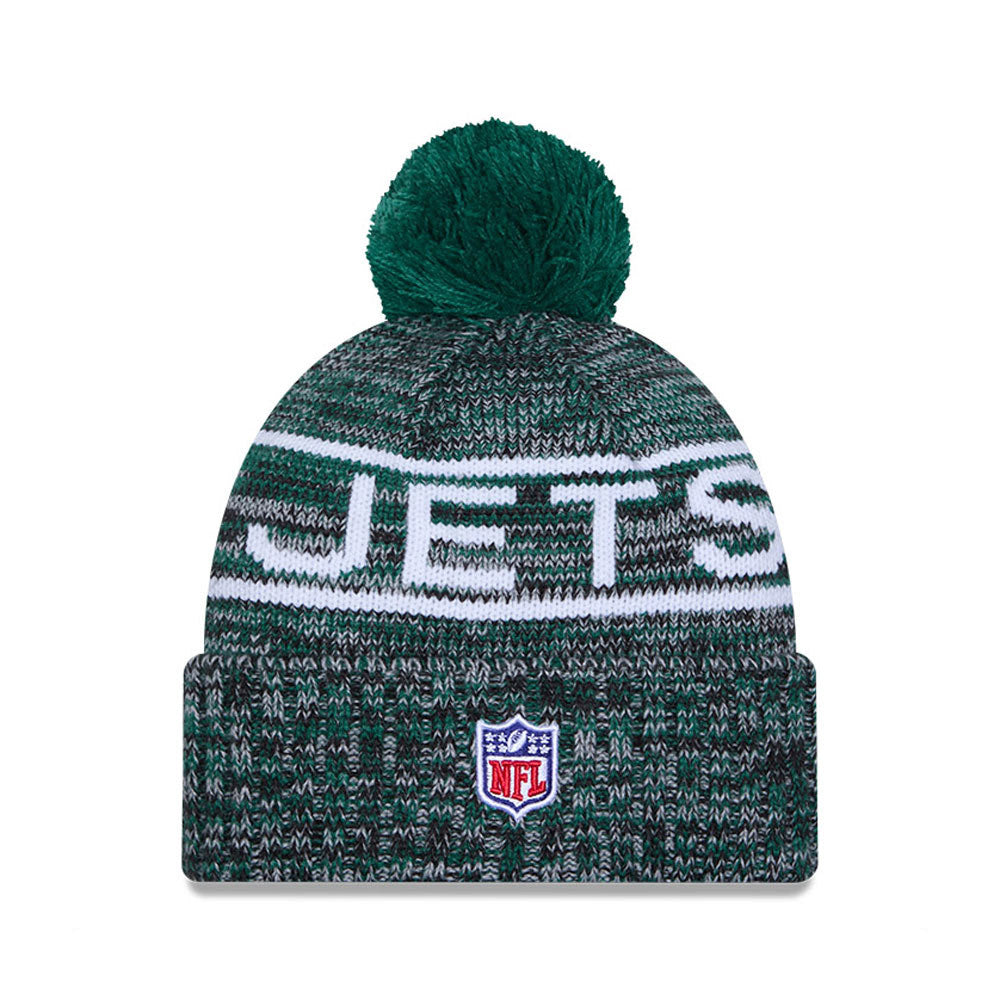 New York Jets New Era 2025 Sideline Cold Weather Cuffed Knit Hat with Pom