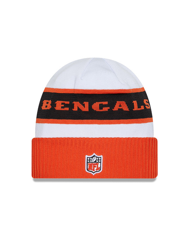 Cincinnati Bengals New Era 2023 Sideline Tech Cuffed Knit Hat - White/Orange - Pro League Sports Collectibles Inc.