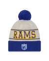 Los Angeles Rams New Era 2023 Sideline Historic Pom Cuffed Knit Hat - Cream/Royal - Pro League Sports Collectibles Inc.