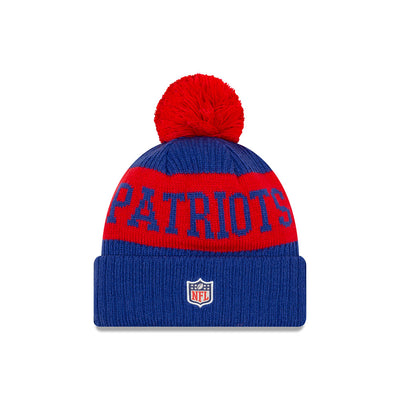 New England Patriots New Era Royal/Red 2020 NFL Sideline - Official Alternate Logo Sport Pom Cuffed Knit Toque - Pro League Sports Collectibles Inc.