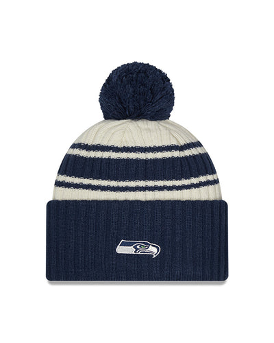 Seattle Seahawks New Era 2022 Sideline - Sport Cuffed Pom Knit Hat - Cream/Navy - Pro League Sports Collectibles Inc.