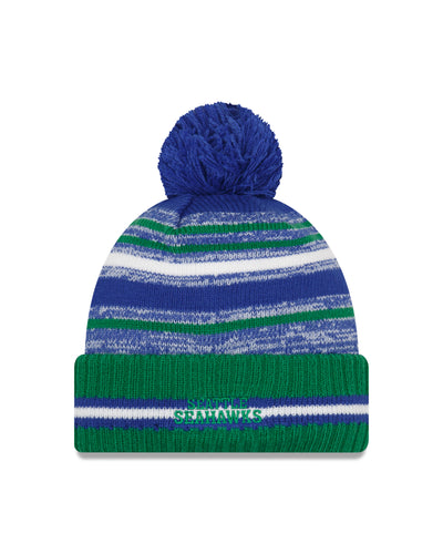Seattle Seahawks Alt New Era 2021 NFL Sideline - Sport Official Pom Cuffed Knit Hat - Neon/Navy - Pro League Sports Collectibles Inc.