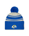 Los Angeles Rams New Era 2022 Sideline - Sport Cuffed Pom Knit Hat - Cream/Blue - Pro League Sports Collectibles Inc.