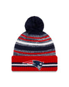 Youth New England Patriots New Era 2021 NFL Sideline - Sport Official Pom Cuffed Knit Hat - Red/Navy - Pro League Sports Collectibles Inc.