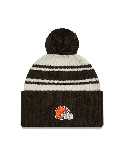 Cleveland Browns New Era 2022 Sideline - Sport Cuffed Pom Knit Hat - Cream/Brown - Pro League Sports Collectibles Inc.