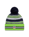 Seattle Seahawks New Era 2021 NFL Sideline - Sport Official Pom Cuffed Knit Hat - Neon/Navy - Pro League Sports Collectibles Inc.