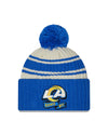 Los Angeles Rams New Era 2022 Sideline - Sport Cuffed Pom Knit Hat - Cream/Blue - Pro League Sports Collectibles Inc.