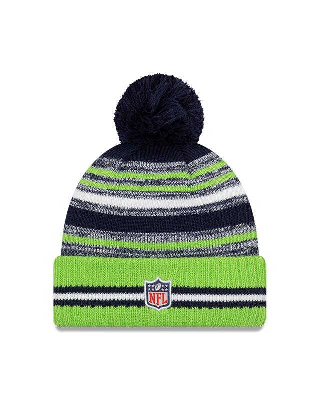 Youth Seattle Seahawks New Era 2021 NFL Sideline - Sport Official Pom Cuffed Knit Hat - Neon/Navy - Pro League Sports Collectibles Inc.