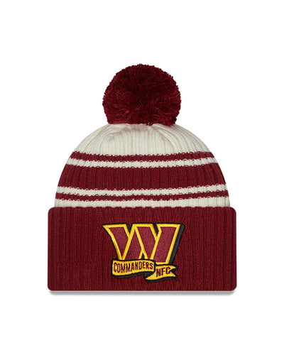 Washington Commanders New Era 2022 Sideline - Sport Cuffed Pom Knit Hat - Cream/Red - Pro League Sports Collectibles Inc.