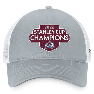 Colorado Avalanche Fanatics Branded Gray/White 2022 Stanley Cup Champions Locker Room Trucker Adjustable Hat - Pro League Sports Collectibles Inc.
