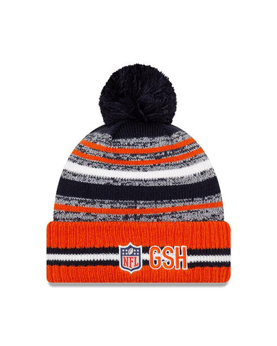 Youth Chicago Bears C Logo New Era 2021 NFL Sideline - Sport Official Pom Cuffed Knit Hat - Orange/Navy - Pro League Sports Collectibles Inc.