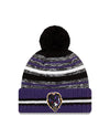 Youth Baltimore Ravens New Era 2021 NFL Sideline - Sport Official Pom Cuffed Knit Hat - Purple/Black - Pro League Sports Collectibles Inc.