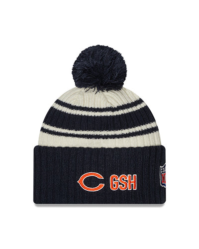 Chicago Bears "C" New Era 2022 Sideline - Sport Cuffed Pom Knit Hat - Cream/Navy - Pro League Sports Collectibles Inc.
