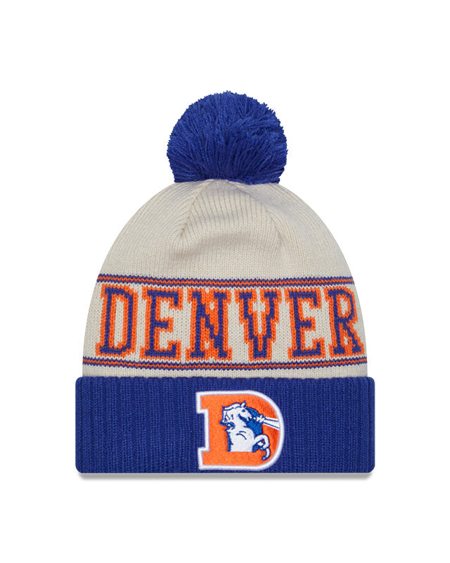 Denver Broncos New Era 2023 Sideline Historic Pom Cuffed Knit Hat - Cream/Royal - Pro League Sports Collectibles Inc.