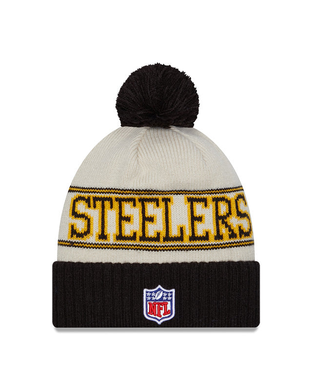 Pittsburgh Steelers New Era 2023 Sideline Historic Pom Cuffed Knit Hat - Cream/Bla - Pro League Sports Collectibles Inc.