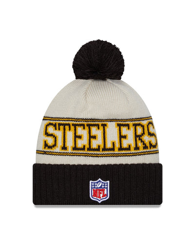 Pittsburgh Steelers New Era 2023 Sideline Historic Pom Cuffed Knit Hat - Cream/Black - Pro League Sports Collectibles Inc.