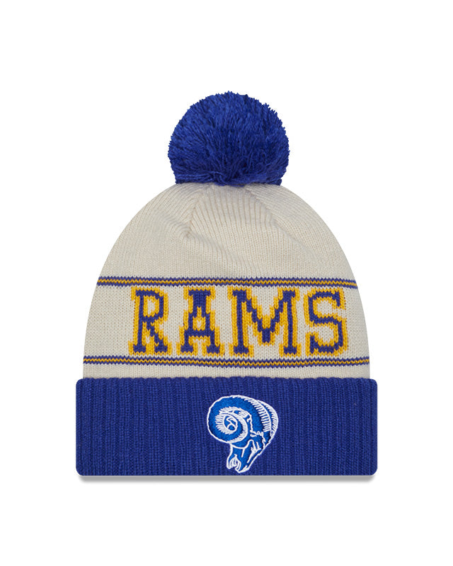 Los Angeles Rams New Era 2023 Sideline Historic Pom Cuffed Knit Hat - Cream/Royal - Pro League Sports Collectibles Inc.