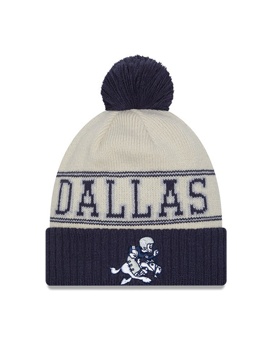 Dallas Cowboys New Era 2023 Sideline Historic Pom Cuffed Knit Hat - Cream/Navy - Pro League Sports Collectibles Inc.