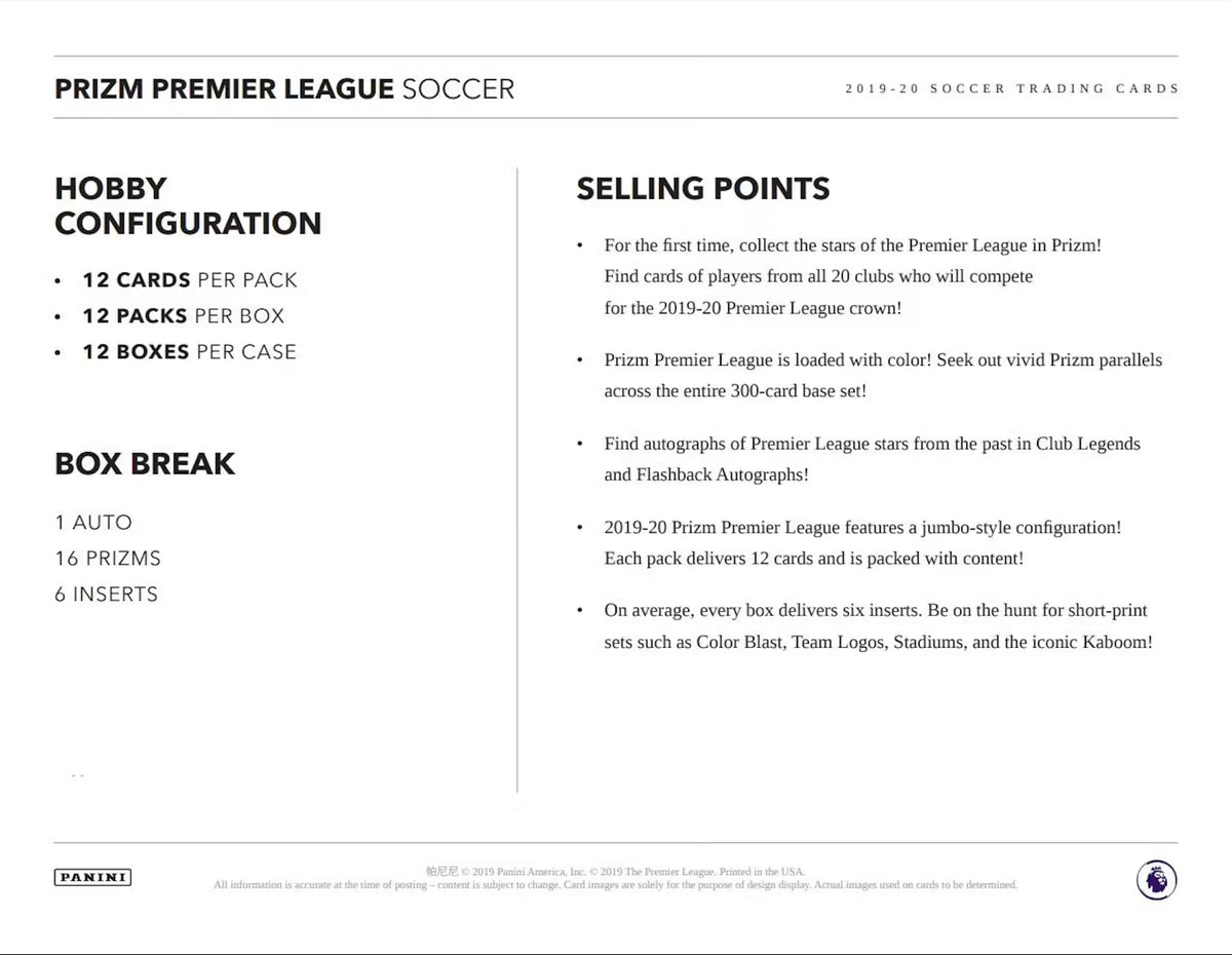 2019-20 Panini Prizm English Premier League Soccer Hobby box - 12 packs 12 Card Per Pack