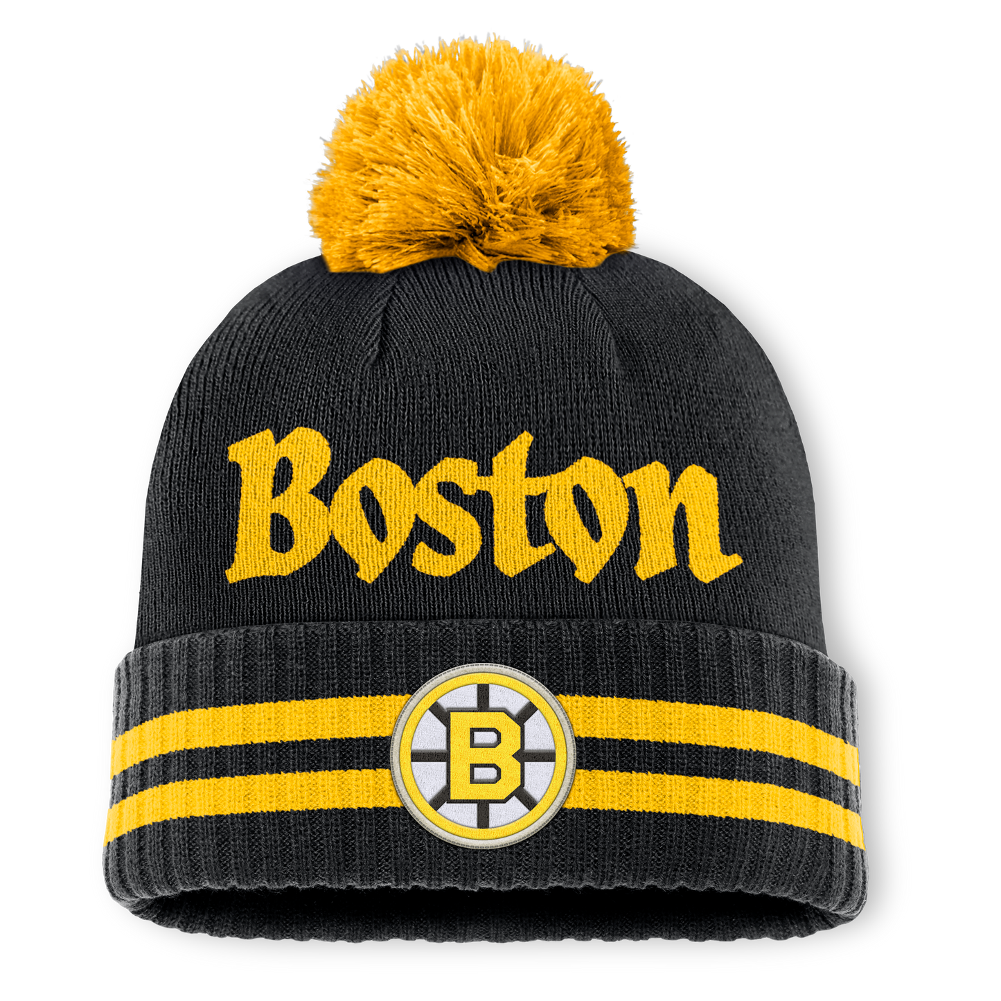 Boston Bruins Fanatics Heritage Blind Side Cuff Knit Toque with Pom - Black/Yellow