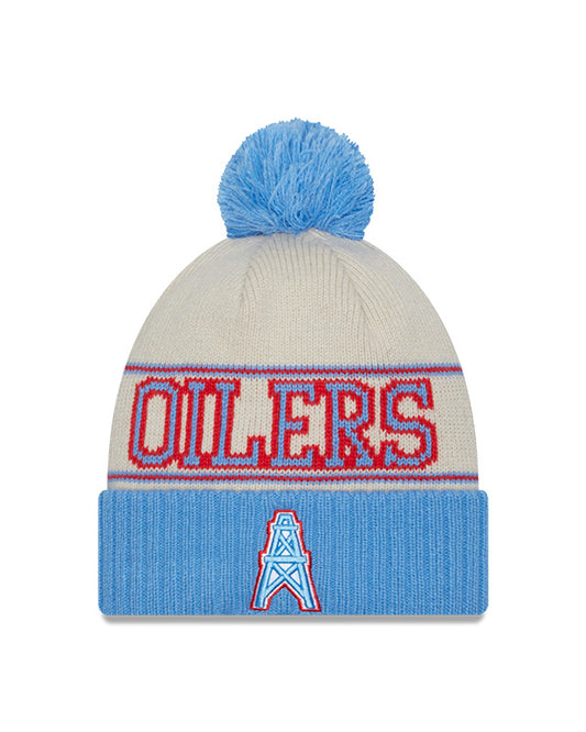 Houston Oilers New Era 2023 Sideline Historic Pom Cuffed Knit Hat - Cream/Baby Blue - Pro League Sports Collectibles Inc.