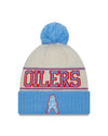 Houston Oilers New Era 2023 Sideline Historic Pom Cuffed Knit Hat - Cream/Baby Blue - Pro League Sports Collectibles Inc.