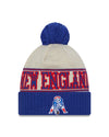 New England Patriots New Era 2023 Sideline Historic Pom Cuffed Knit Hat - Cream/Blue - Pro League Sports Collectibles Inc.