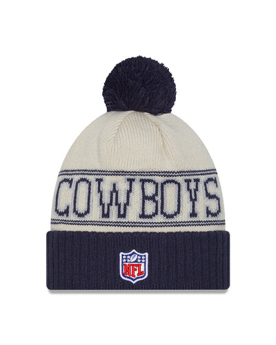 Dallas Cowboys New Era 2023 Sideline Historic Pom Cuffed Knit Hat - Cream/Navy - Pro League Sports Collectibles Inc.