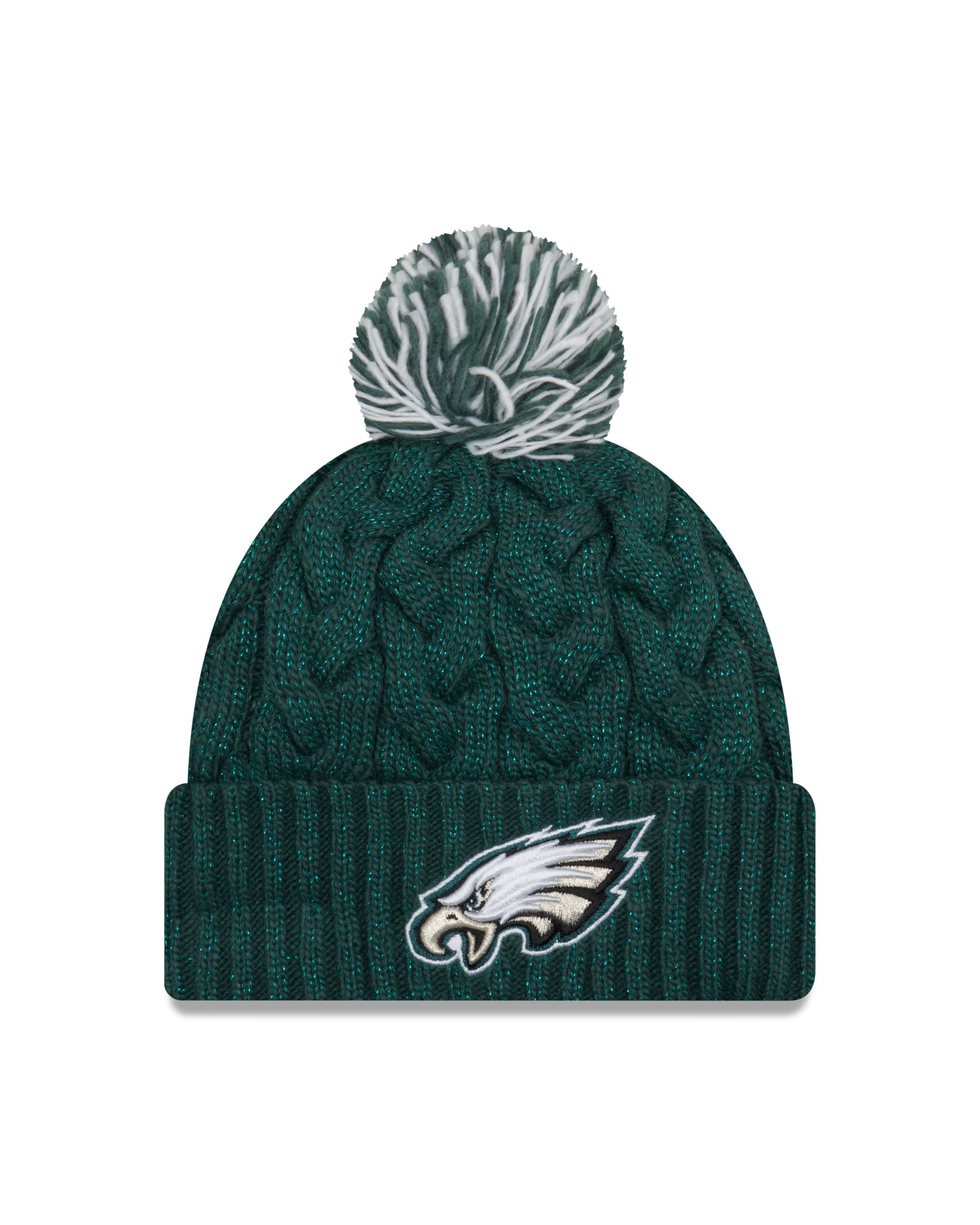 Women's Philadelphia Eagles New Era Cozy Cable Laser Cuff Pom Knit Toque