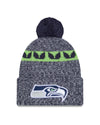 Seattle Seahawks New Era 2023 Sideline - Sport Cuffed Pom Knit Hat - Navy - Pro League Sports Collectibles Inc.