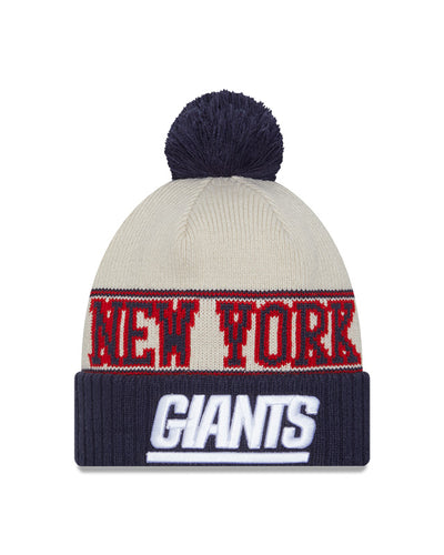 New York Giants New Era 2023 Sideline Historic Pom Cuffed Knit Hat - Cream/Blue - Pro League Sports Collectibles Inc.