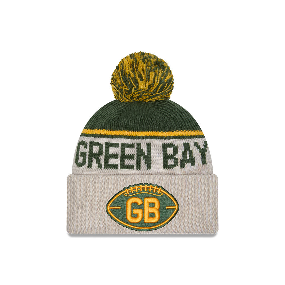 Green Bay Packers 2024 New Era NFL Sideline Historic Cuffed Pom Knit - Cream