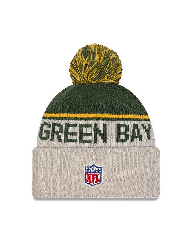 Green Bay Packers 2024 New Era NFL Sideline Historic Cuffed Pom Knit - Cream