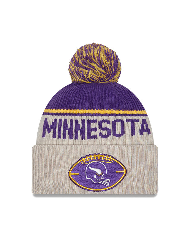 Minnesota Vikings 2024 New Era NFL Sideline Historic Cuffed Pom Knit - Cream - Pro League Sports Collectibles Inc.