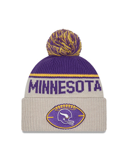 Minnesota Vikings 2024 New Era NFL Sideline Historic Cuffed Pom Knit - Cream - Pro League Sports Collectibles Inc.