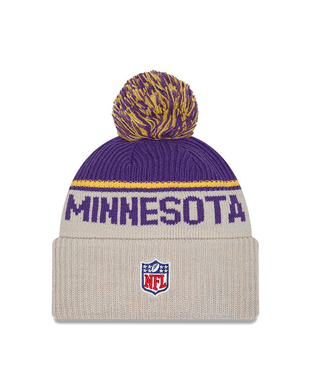 Minnesota Vikings 2024 New Era NFL Sideline Historic Cuffed Pom Knit - Cream - Pro League Sports Collectibles Inc.