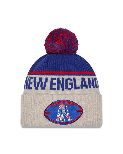 New England Patriots 2024 New Era NFL Sideline Historic Cuffed Pom Knit - Cream