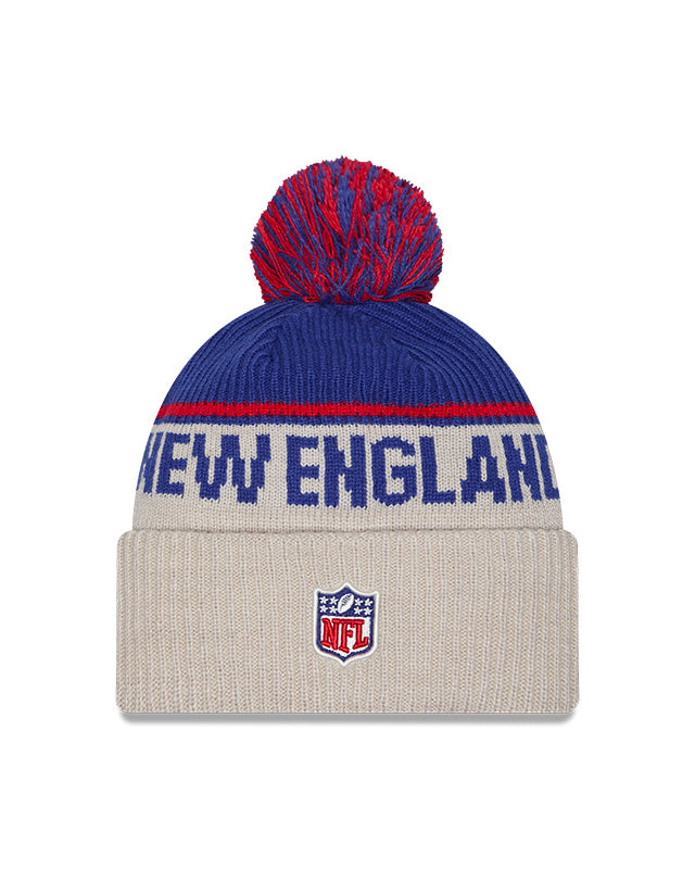 New England Patriots 2024 New Era NFL Sideline Historic Cuffed Pom Knit - Cream