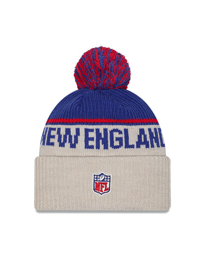 New England Patriots 2024 New Era NFL Sideline Historic Cuffed Pom Knit - Cream