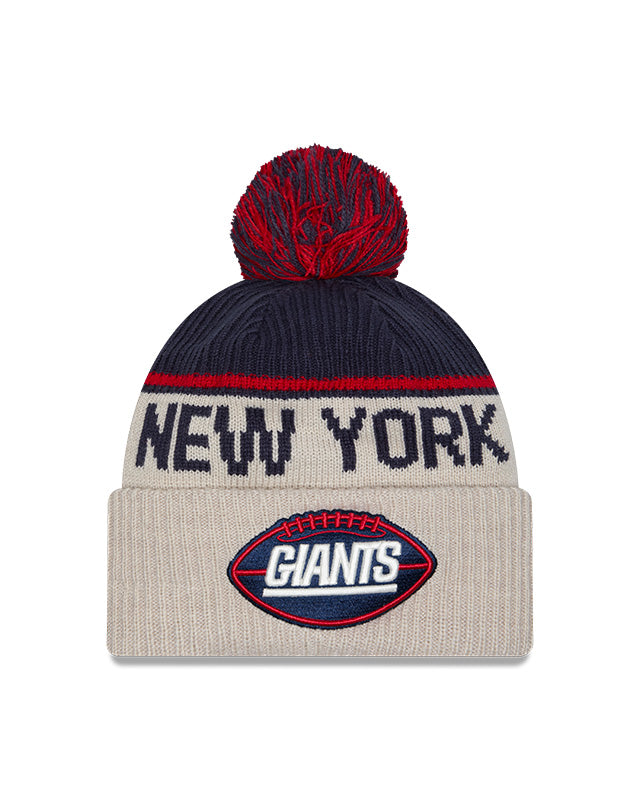 New York Giants 2024 New Era NFL Sideline Historic Cuffed Pom Knit - Cream - Pro League Sports Collectibles Inc.