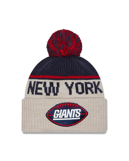 New York Giants 2024 New Era NFL Sideline Historic Cuffed Pom Knit - Cream