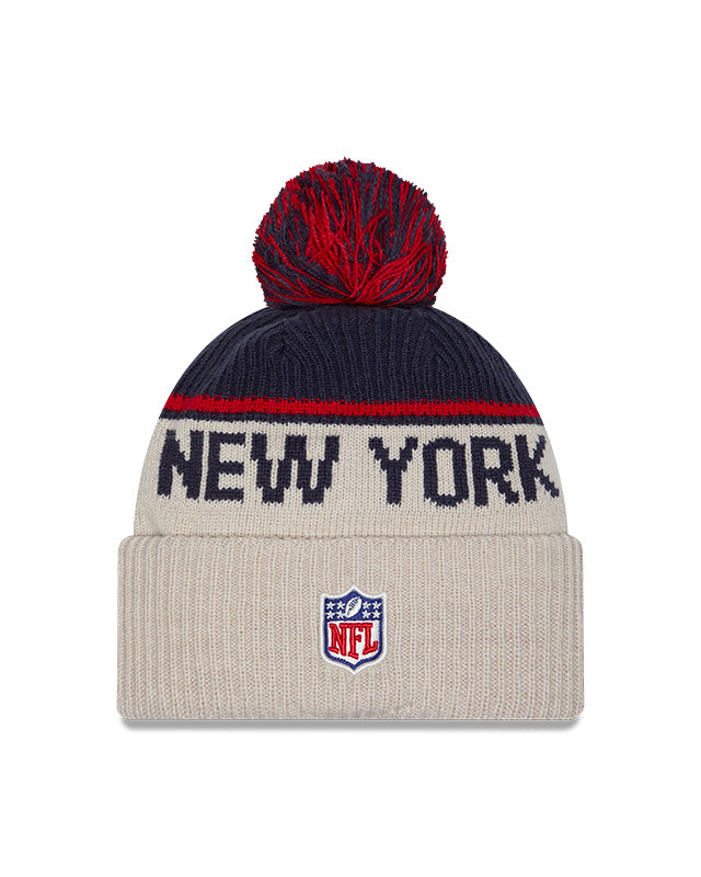 New York Giants 2024 New Era NFL Sideline Historic Cuffed Pom Knit - Cream - Pro League Sports Collectibles Inc.