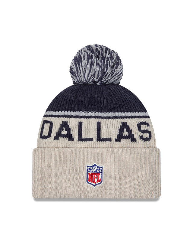 Dallas Cowboys 2024 New Era NFL Sideline Historic Cuffed Pom Knit - Cream - Pro League Sports Collectibles Inc.