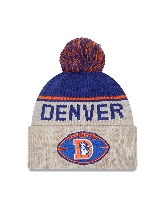 Denver Broncos 2024 New Era NFL Sideline Historic Cuffed Pom Knit - Cream