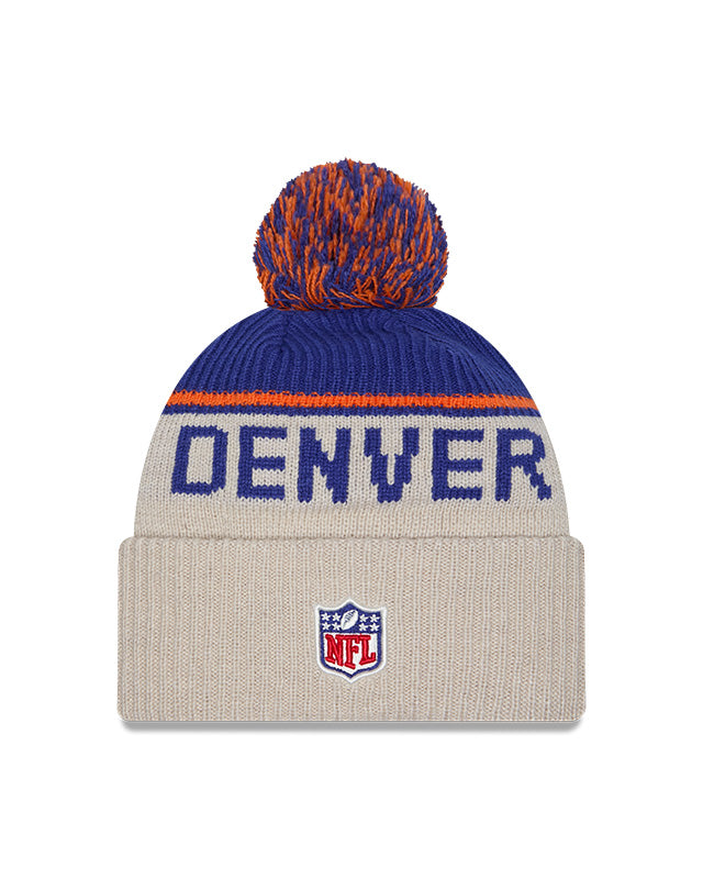 Denver Broncos 2024 New Era NFL Sideline Historic Cuffed Pom Knit - Cream