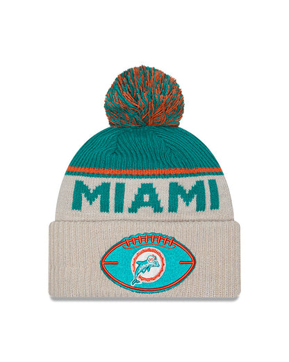 Miami Dolphins 2024 New Era NFL Sideline Historic Cuffed Pom Knit - Cream