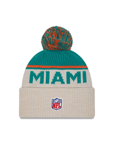 Miami Dolphins 2024 New Era NFL Sideline Historic Cuffed Pom Knit - Cream